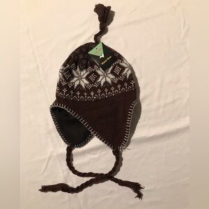 NWT BROWN & WHITE EAR WARMER HAT WITH CHIN TIE